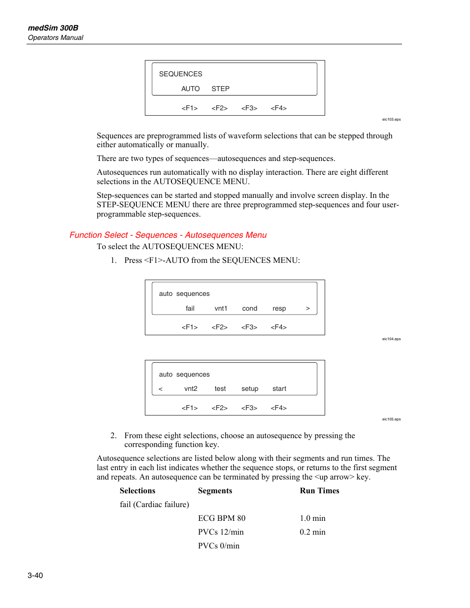 Function select - sequences menu | Fluke Biomedical medSim 300B User Manual | Page 68 / 158