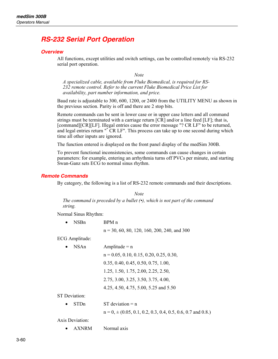 Rs-232 serial port operation | Fluke Biomedical medSim 300B User Manual | Page 88 / 158