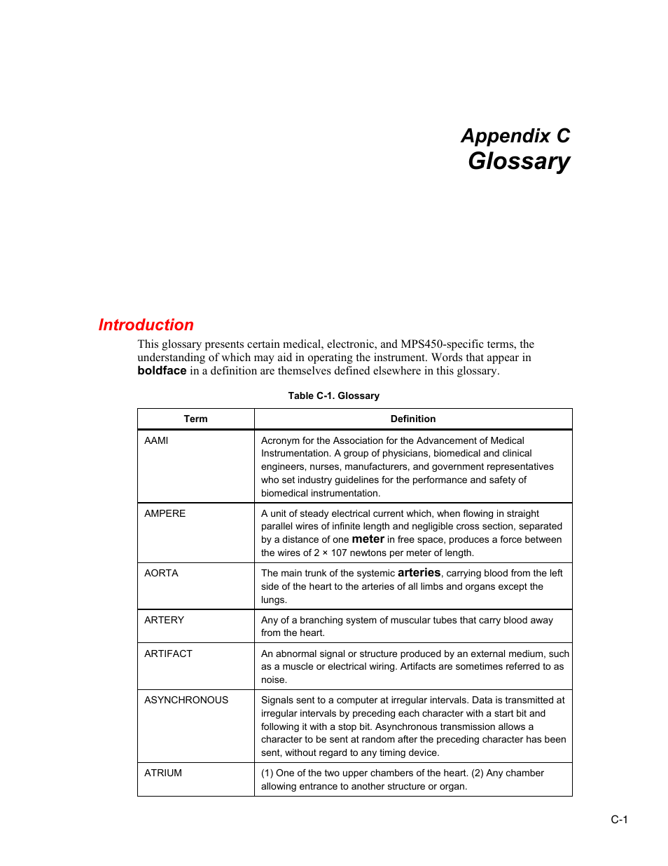 C. glossary, Introduction, Glossary | Appendix c | Fluke Biomedical MPS450 User Manual | Page 123 / 126