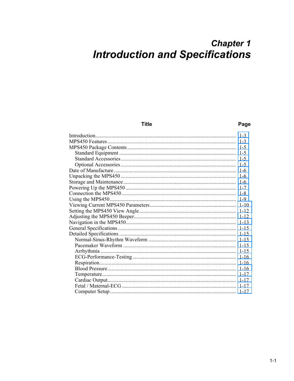 Introduction and specifications, Chapter 1 | Fluke Biomedical MPS450 User Manual | Page 15 / 126