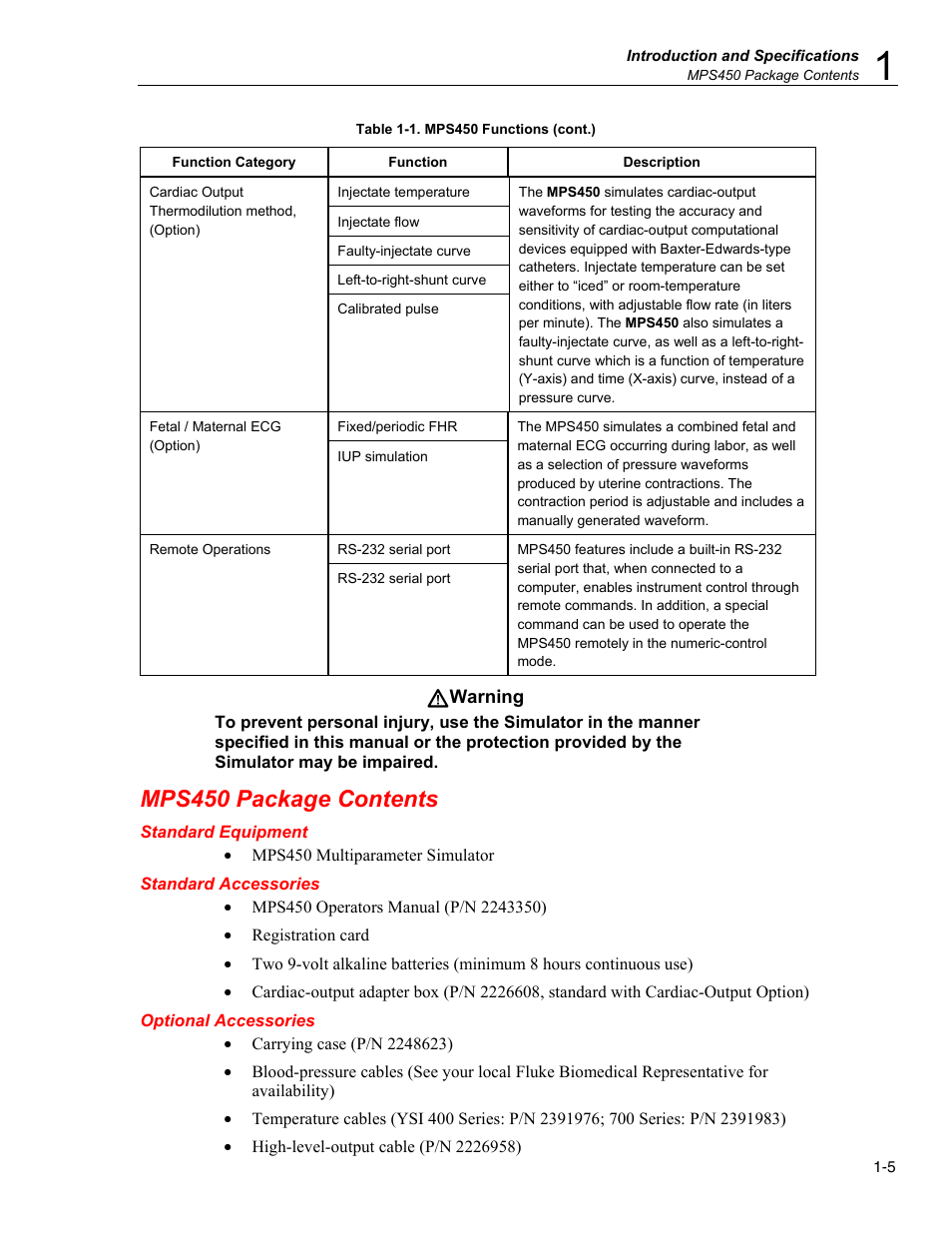 Mps450 package contents, Standard equipment, Standard accessories | Optional accessories | Fluke Biomedical MPS450 User Manual | Page 19 / 126