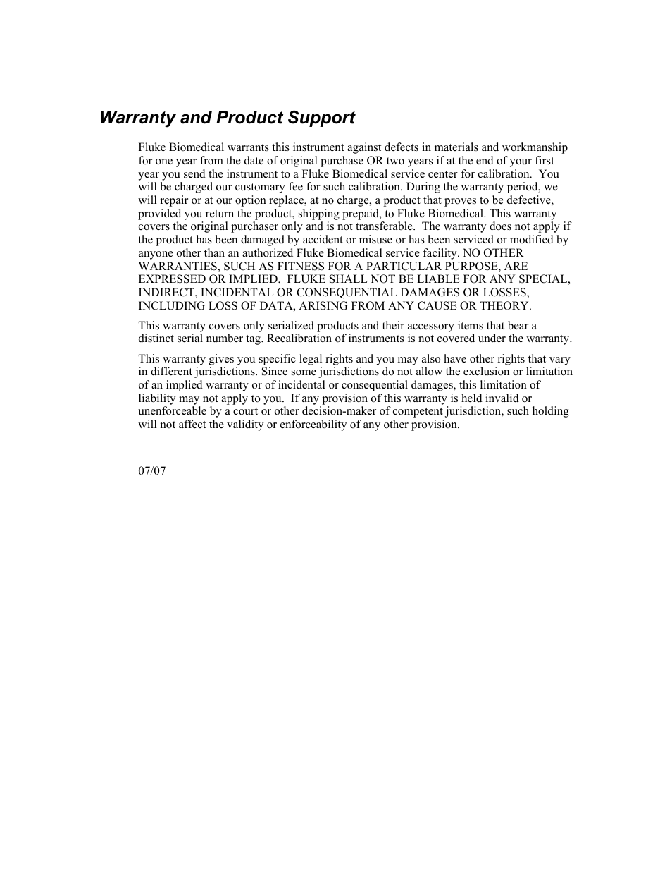 Warranty, Warranty and product support | Fluke Biomedical MPS450 User Manual | Page 2 / 126