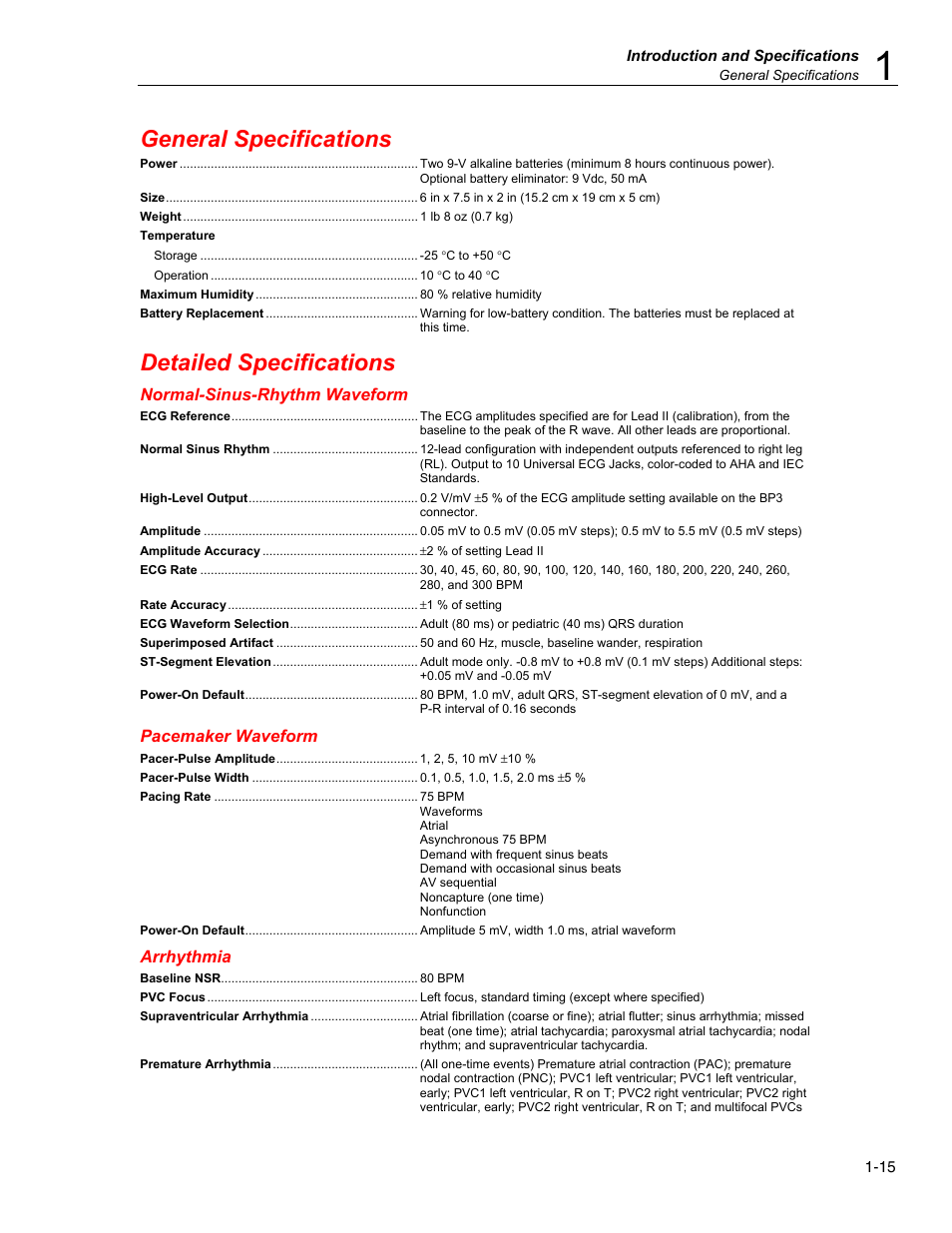 General specifications, Detailed specifications, Normal-sinus-rhythm waveform | Pacemaker waveform, Arrhythmia | Fluke Biomedical MPS450 User Manual | Page 29 / 126
