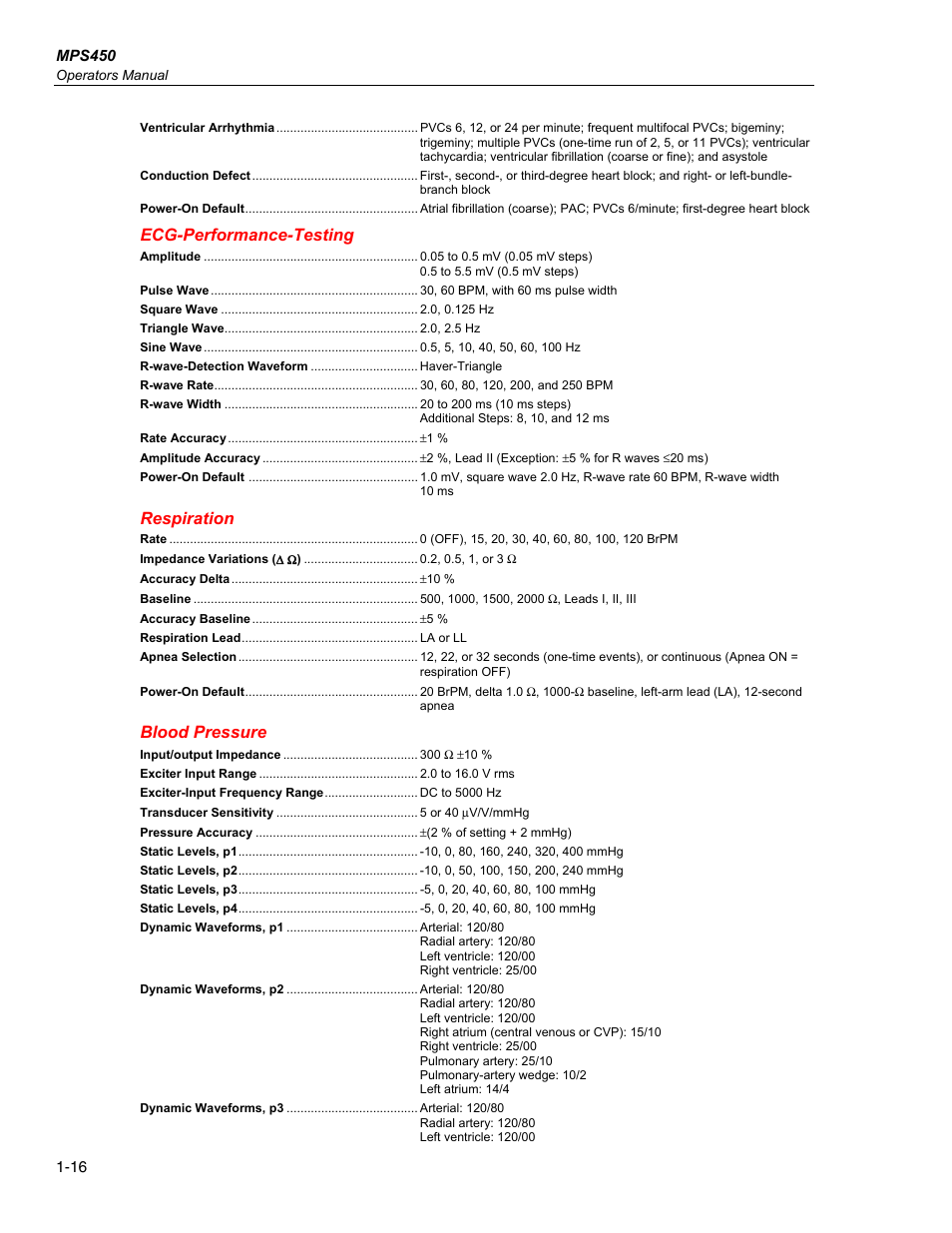 Ecg-performance-testing, Respiration, Blood pressure | Fluke Biomedical MPS450 User Manual | Page 30 / 126
