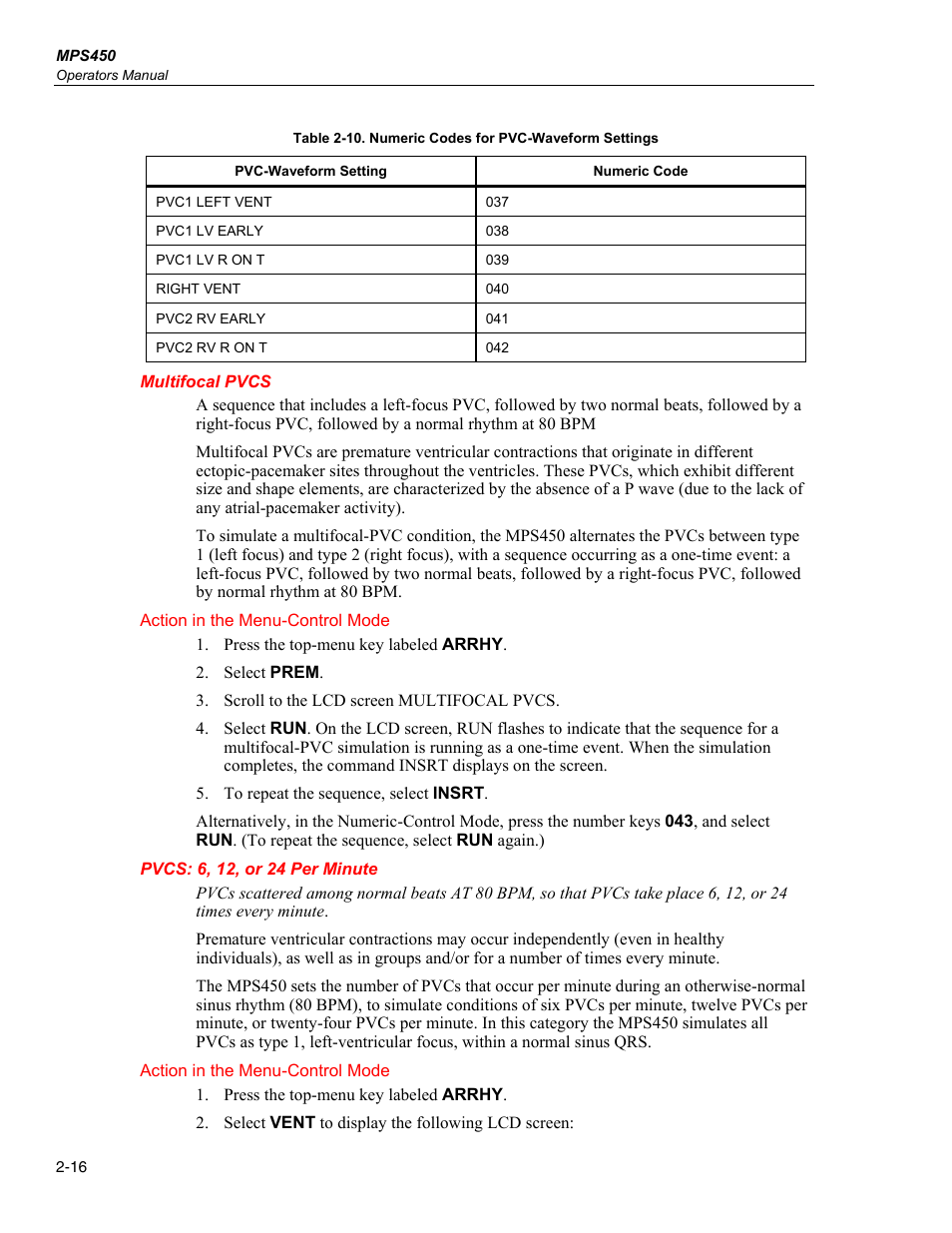 Multifocal pvcs, Pvcs: 6, 12, or 24 per minute | Fluke Biomedical MPS450 User Manual | Page 48 / 126