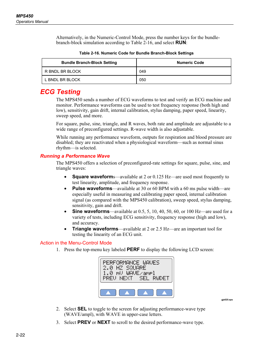 Ecg testing, Running a performance wave | Fluke Biomedical MPS450 User Manual | Page 54 / 126