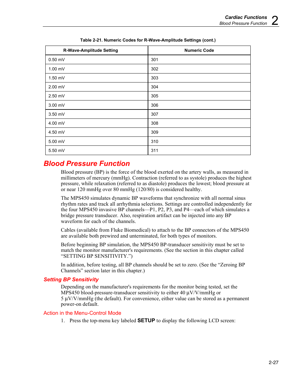 Blood pressure function, Setting bp sensitivity | Fluke Biomedical MPS450 User Manual | Page 59 / 126