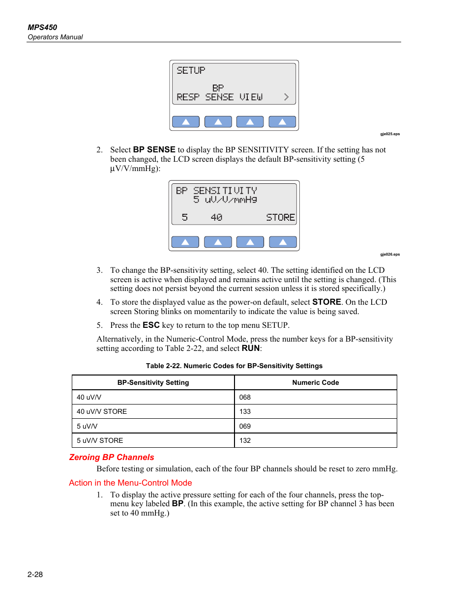 Zeroing bp channels | Fluke Biomedical MPS450 User Manual | Page 60 / 126