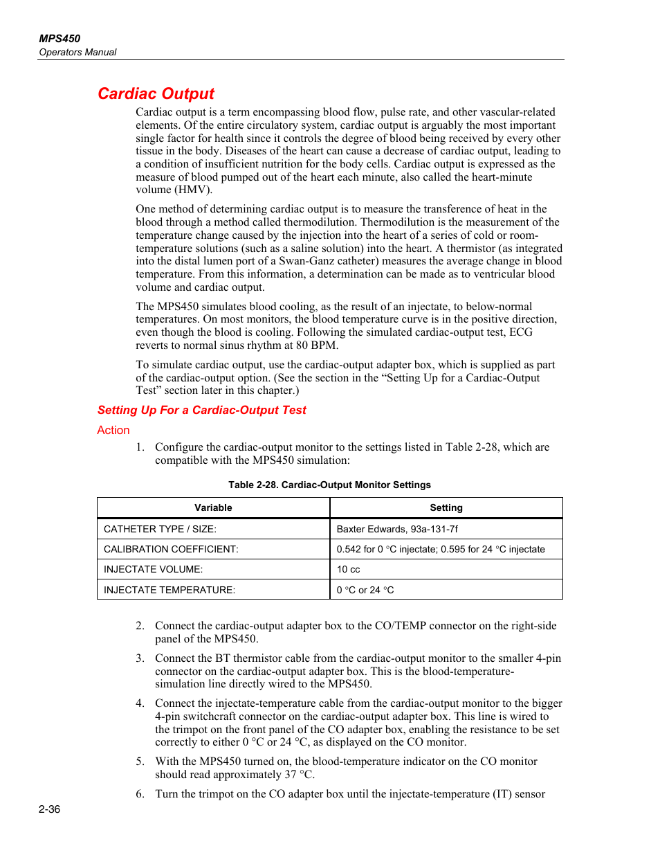 Cardiac output, Setting up for a cardiac-output test | Fluke Biomedical MPS450 User Manual | Page 68 / 126