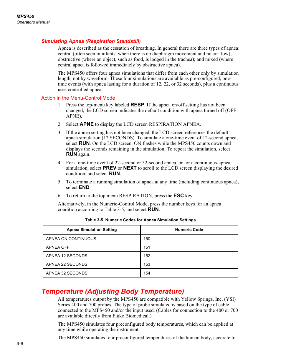 Simulating apnea (respiration standstill), Temperature (adjusting body temperature) | Fluke Biomedical MPS450 User Manual | Page 80 / 126