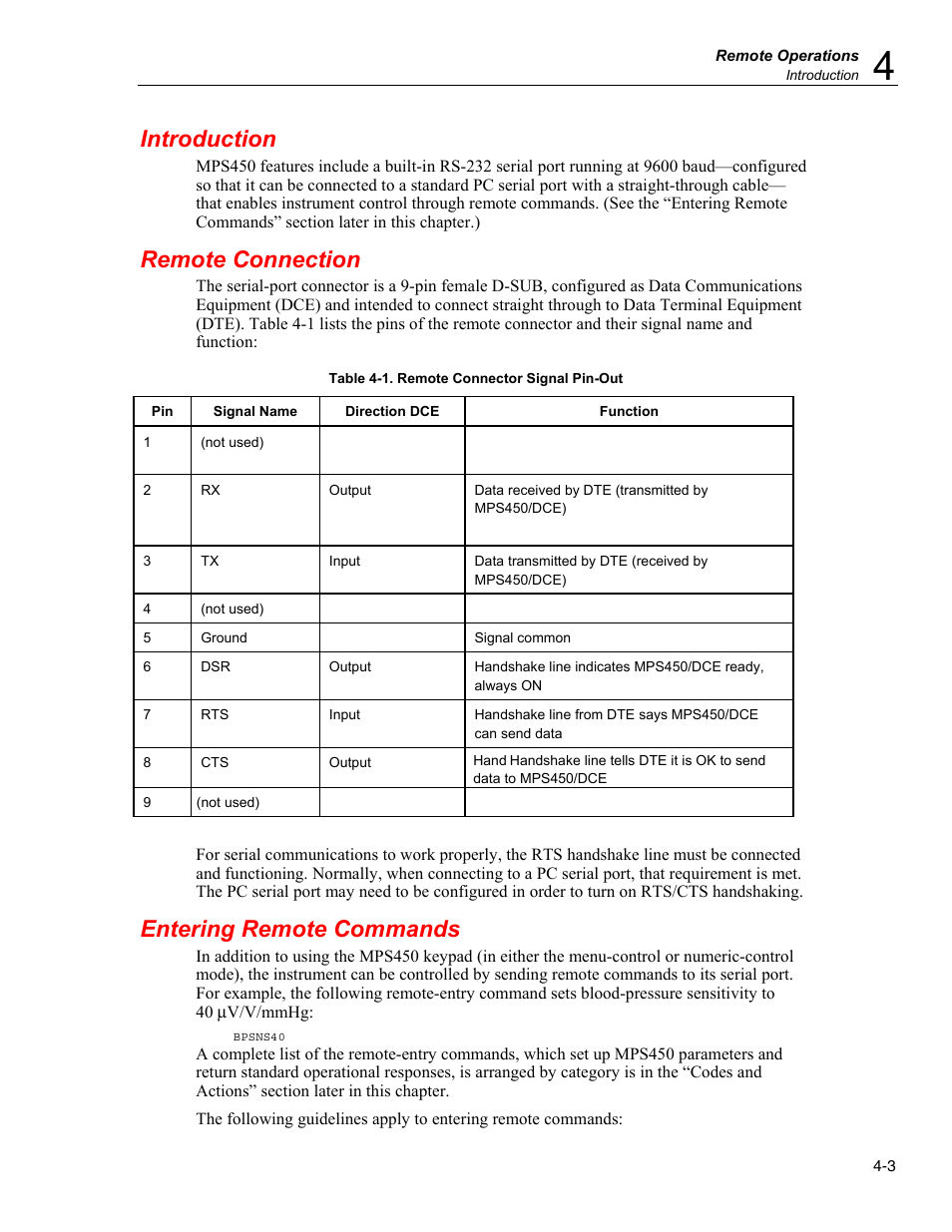 Introduction, Remote connection, Entering remote commands | Fluke Biomedical MPS450 User Manual | Page 85 / 126