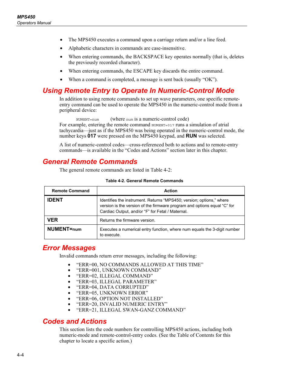 General remote commands, Error messages, Codes and actions | Fluke Biomedical MPS450 User Manual | Page 86 / 126