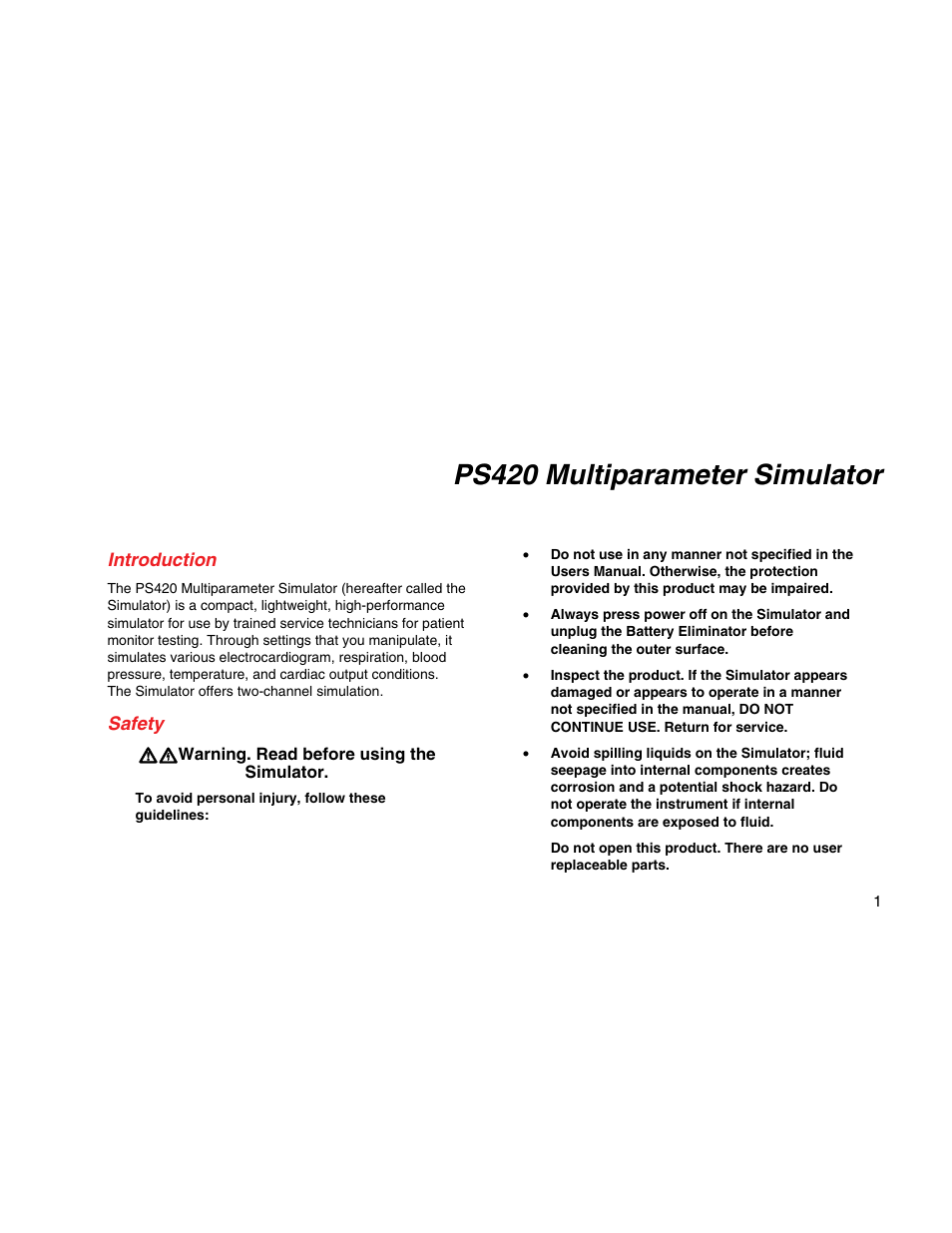 Ps420 multiparameter simulator, Introduction, Safety | Fluke Biomedical PS420 User Manual | Page 11 / 42