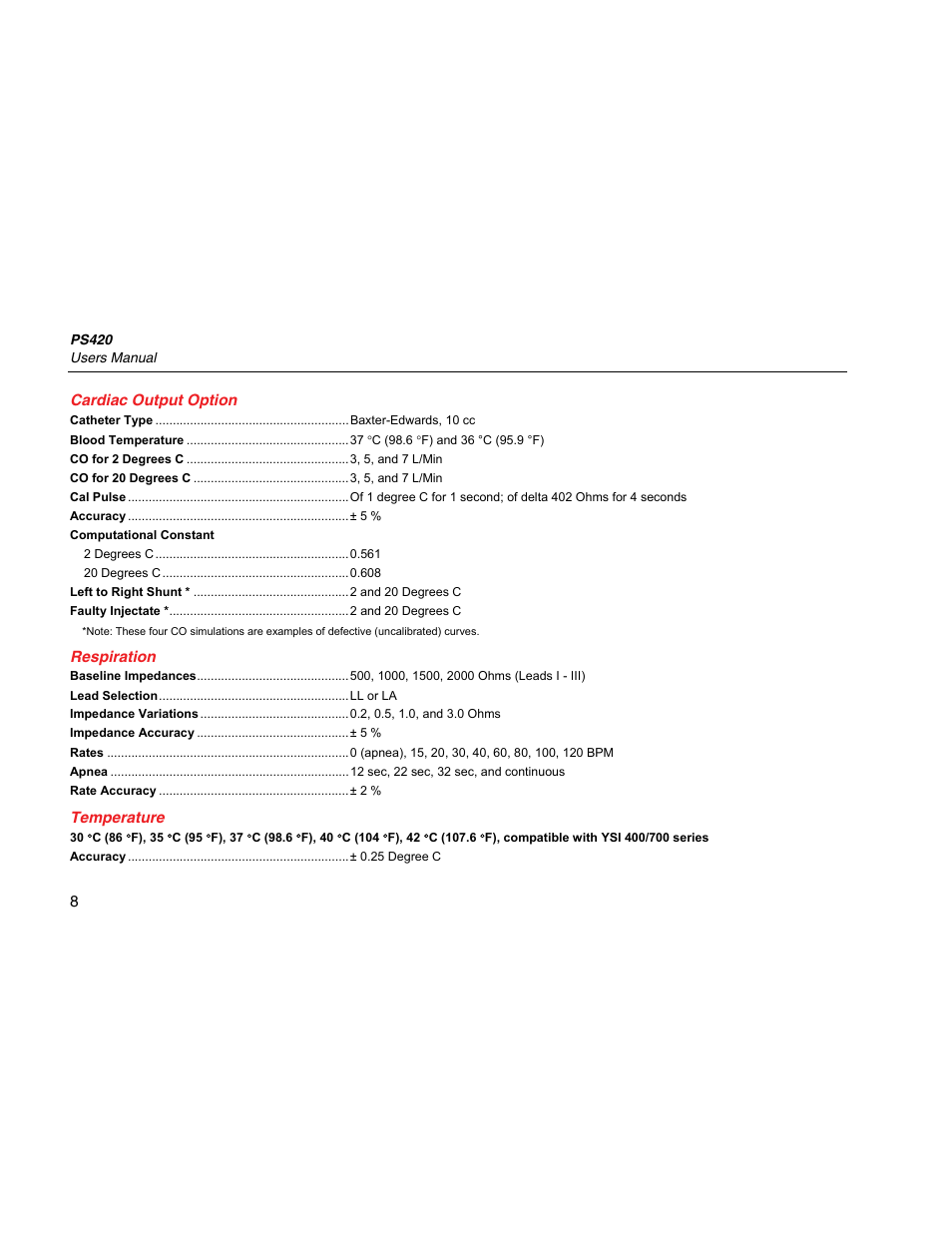 Cardiac output option, Respiration, Temperature | Fluke Biomedical PS420 User Manual | Page 18 / 42