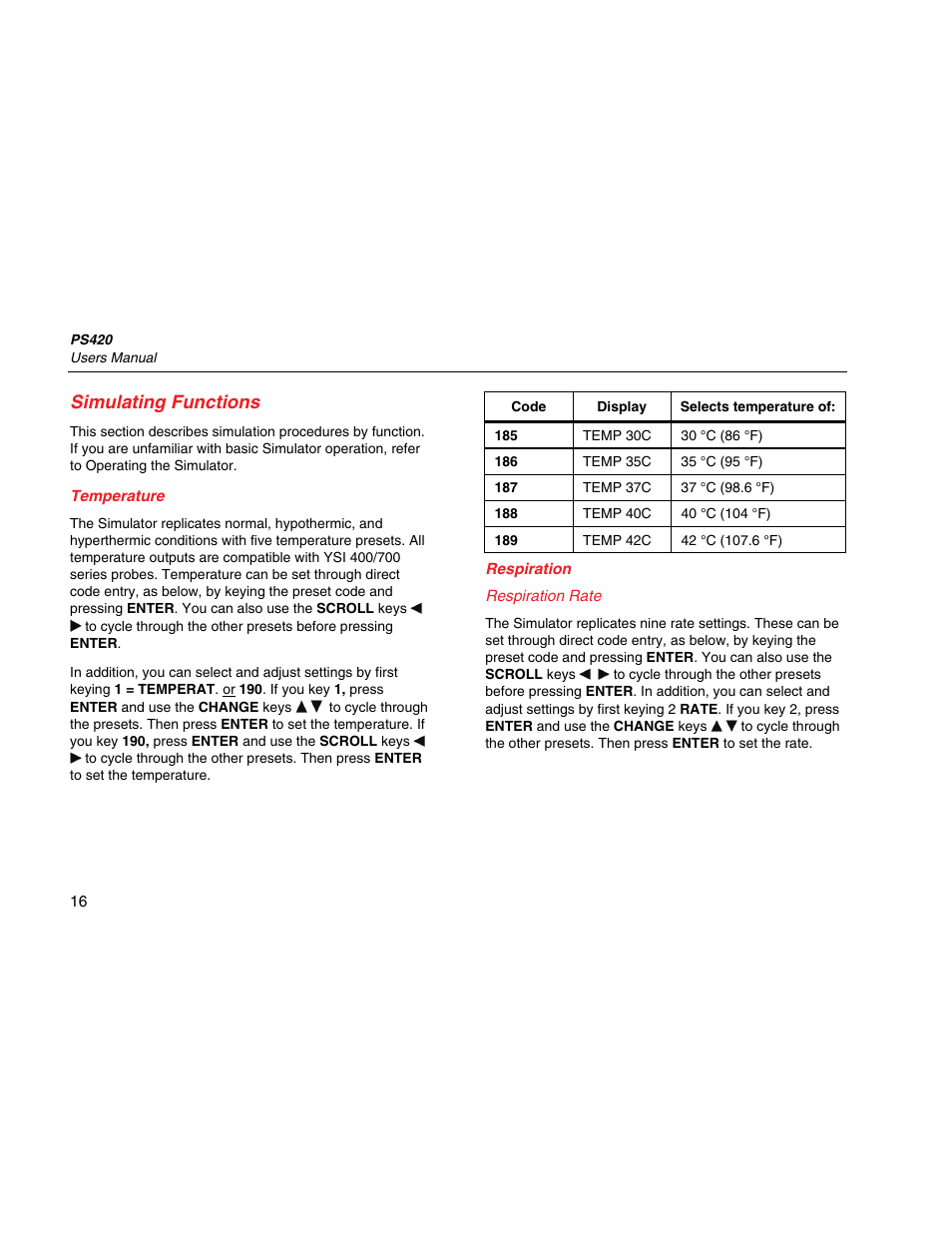 Simulating functions, Temperature, Respiration | Respiration rate | Fluke Biomedical PS420 User Manual | Page 26 / 42