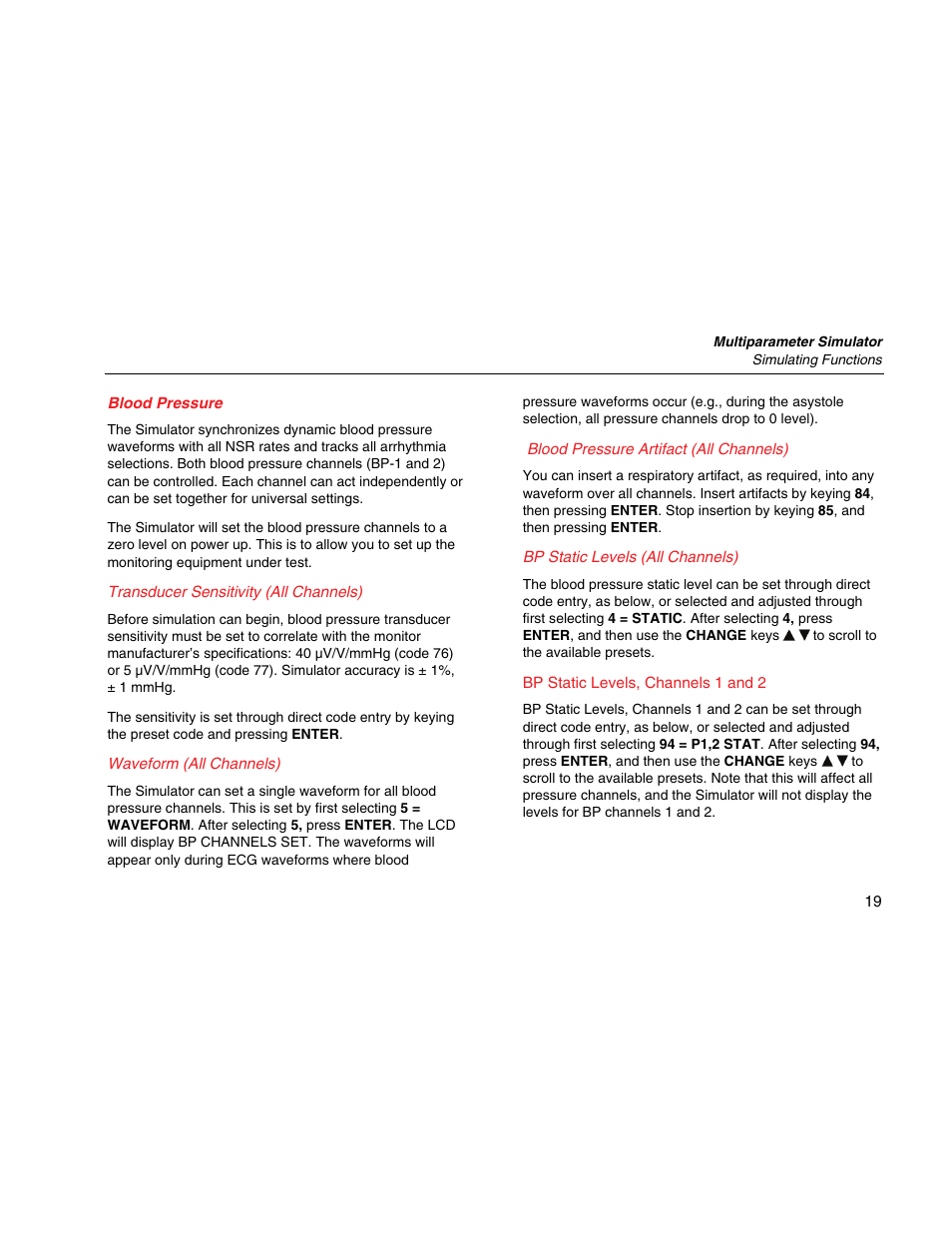 Blood pressure, Transducer sensitivity (all channels), Waveform (all channels) | Blood pressure artifact (all channels), Bp static levels (all channels) | Fluke Biomedical PS420 User Manual | Page 29 / 42