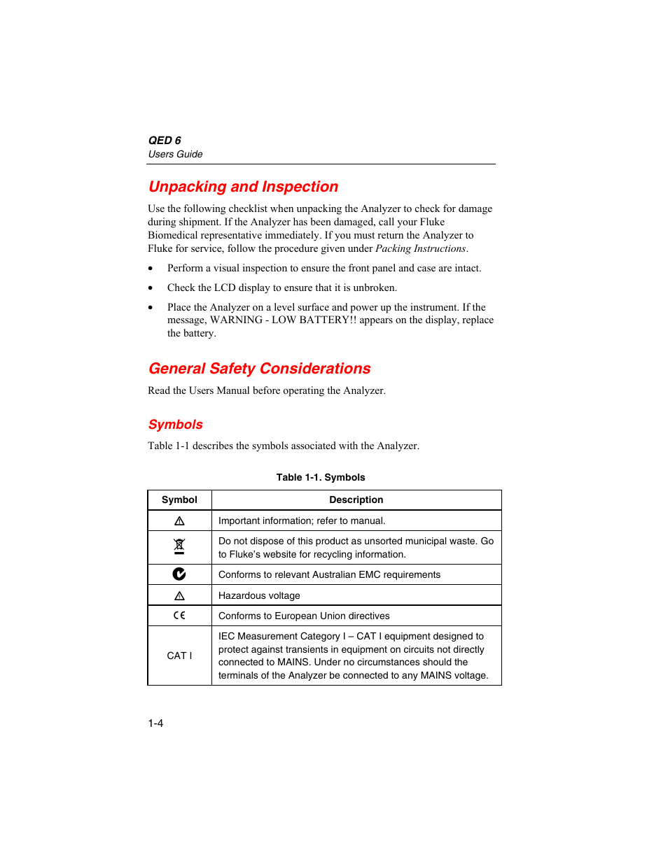 Unpacking and inspection, General safety considerations, Symbols | Fluke Biomedical QED 6 User Manual | Page 16 / 72