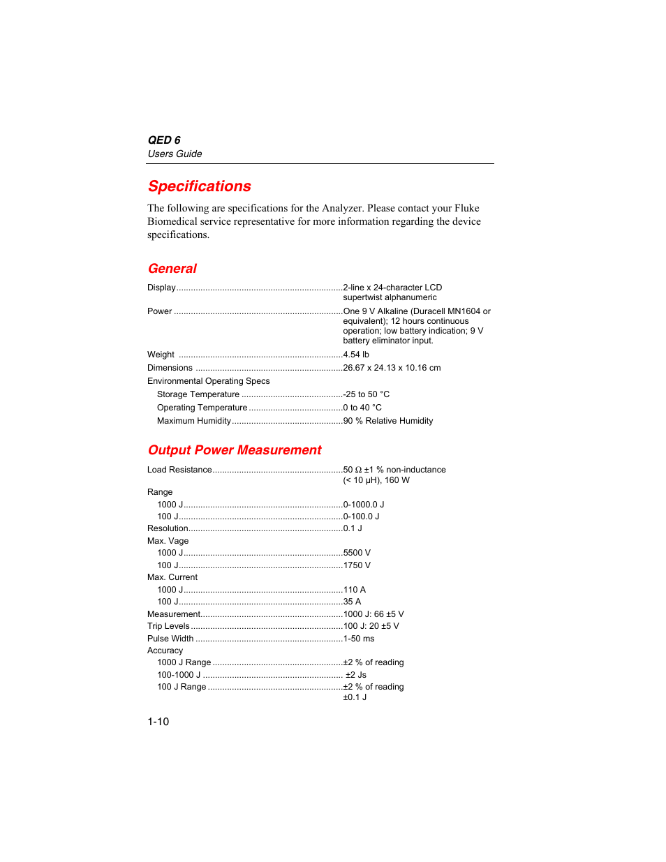 Specifications, General, Output power measurement | Fluke Biomedical QED 6 User Manual | Page 22 / 72