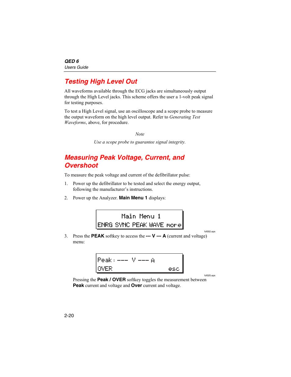 Testing high level out, Measuring peak voltage, current, and overshoot | Fluke Biomedical QED 6 User Manual | Page 46 / 72