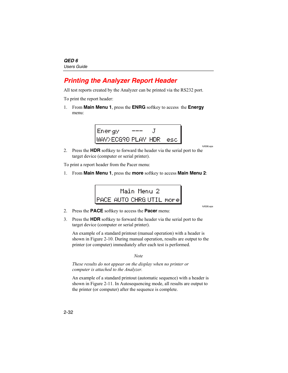 Printing the analyzer report header | Fluke Biomedical QED 6 User Manual | Page 58 / 72