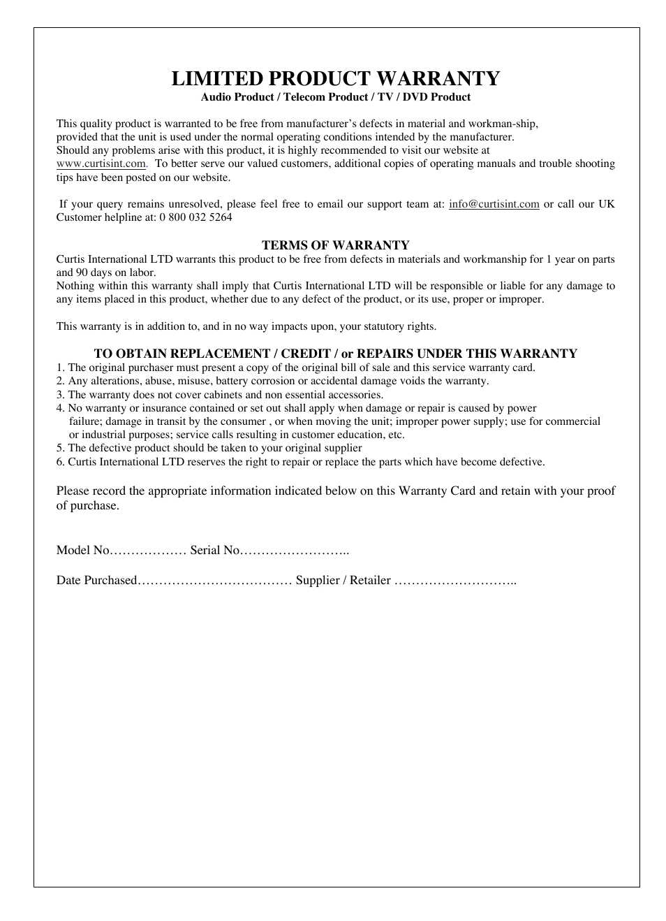 Limited product warranty | Curtis iP215UK-BLACK User Manual | Page 7 / 7