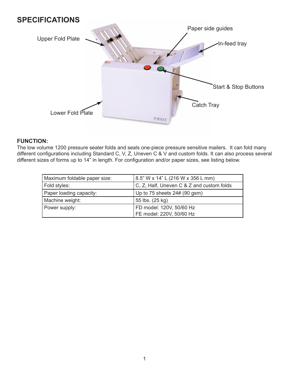 Specifications | Formax FD 1200 User Manual | Page 5 / 15
