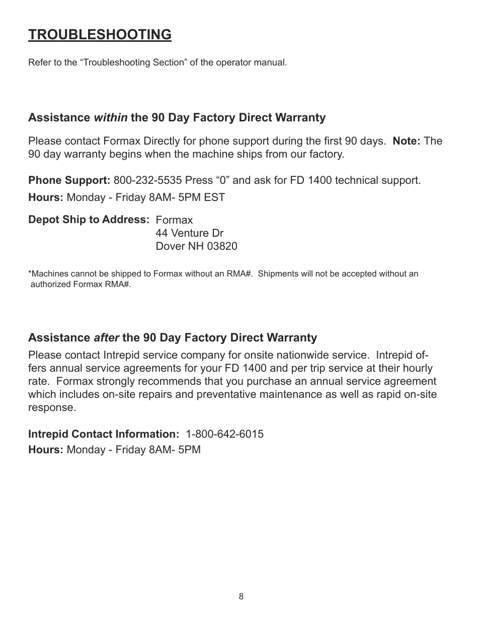 Troubleshooting | Formax FD 1400 Quick Setup Guide & Test Sheet User Manual | Page 8 / 9