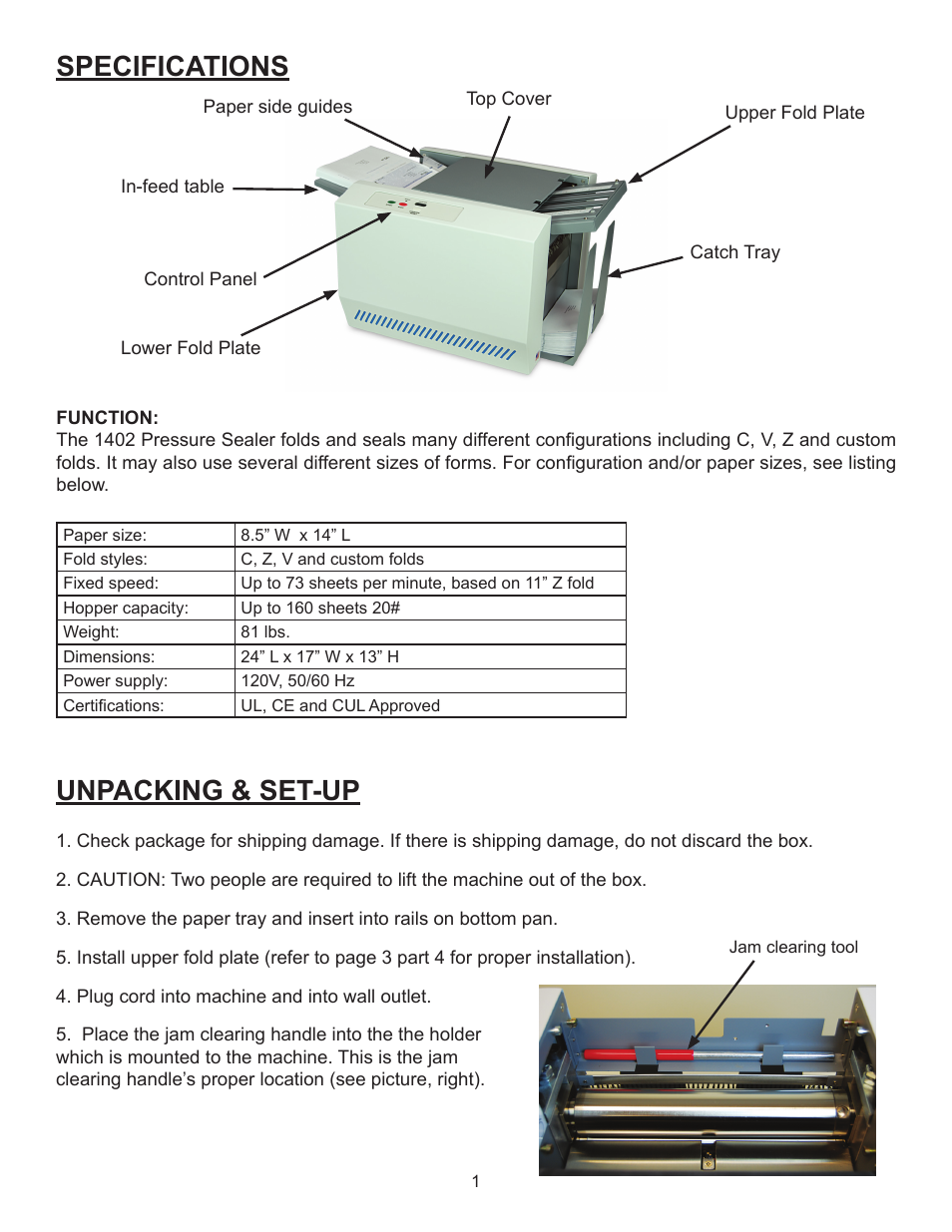 Unpacking & set-up, Specifications | Formax FD 1402 User Manual | Page 5 / 12