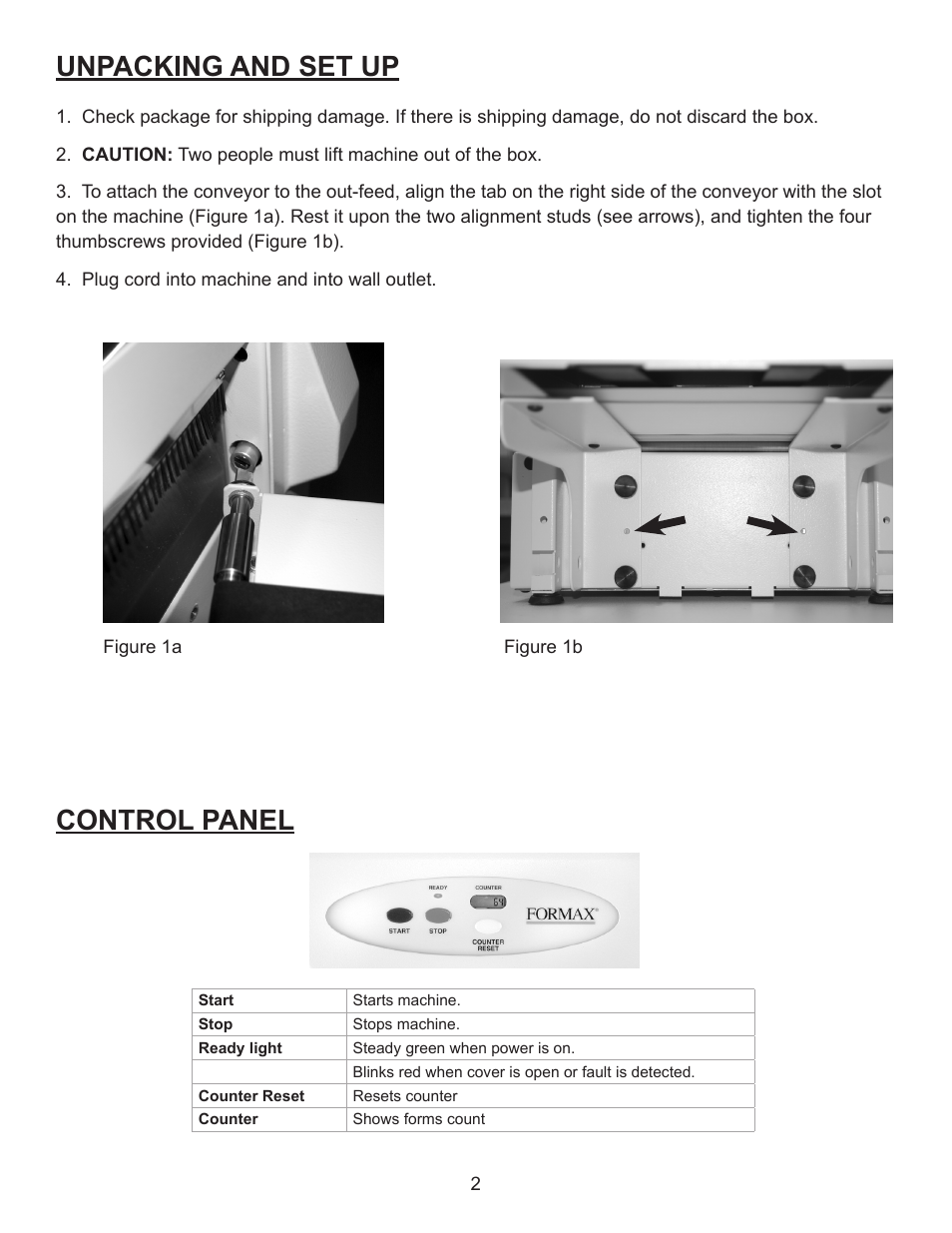 Unpacking and set up, Control panel | Formax FD 1500 Plus User Manual | Page 6 / 14