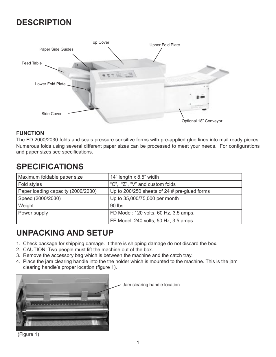 Specifications description, Unpacking and setup | Formax FD 2000 Operator Manual, 5th Edition User Manual | Page 3 / 10