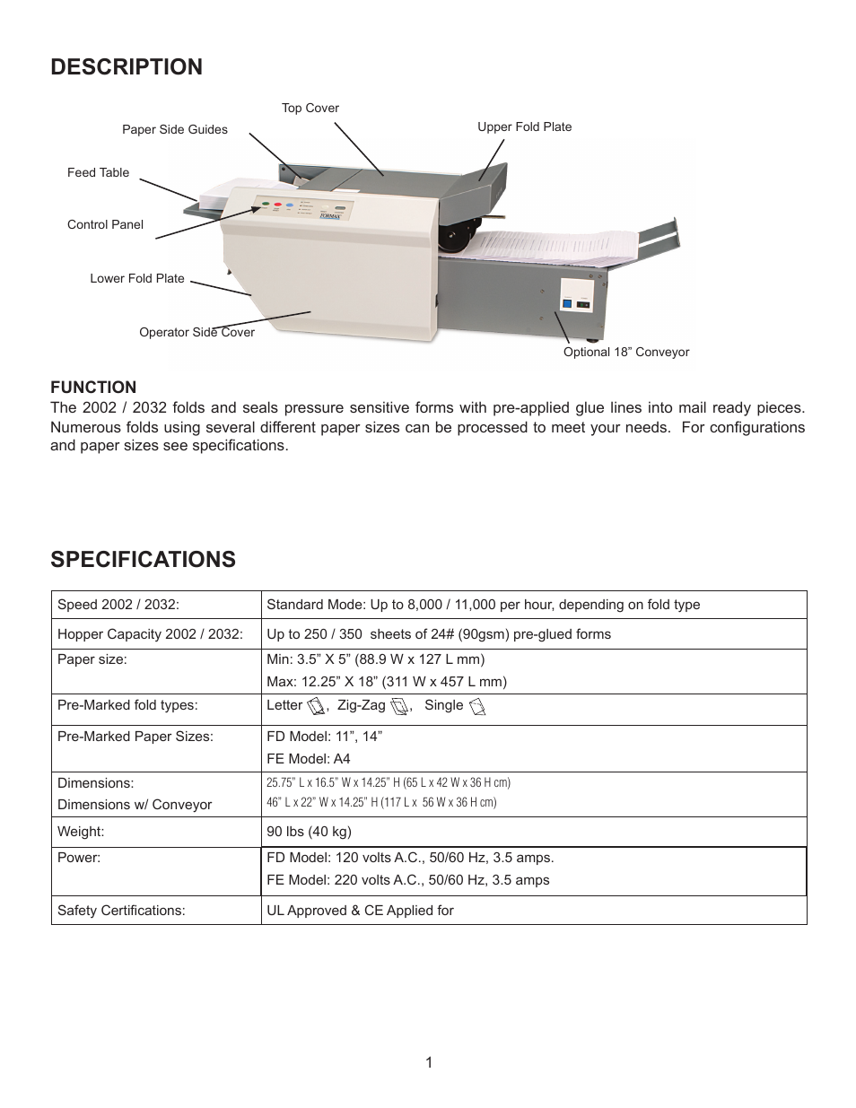 Description, Specifications | Formax FD 2002 User Manual | Page 5 / 17