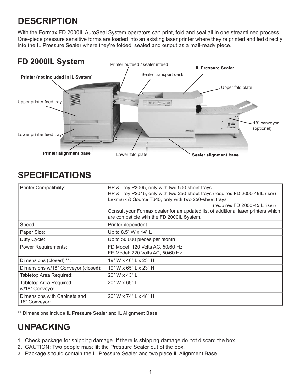 Description, Specifications, Unpacking | Fd 2000il system | Formax FD 2000IL System User Manual | Page 5 / 19