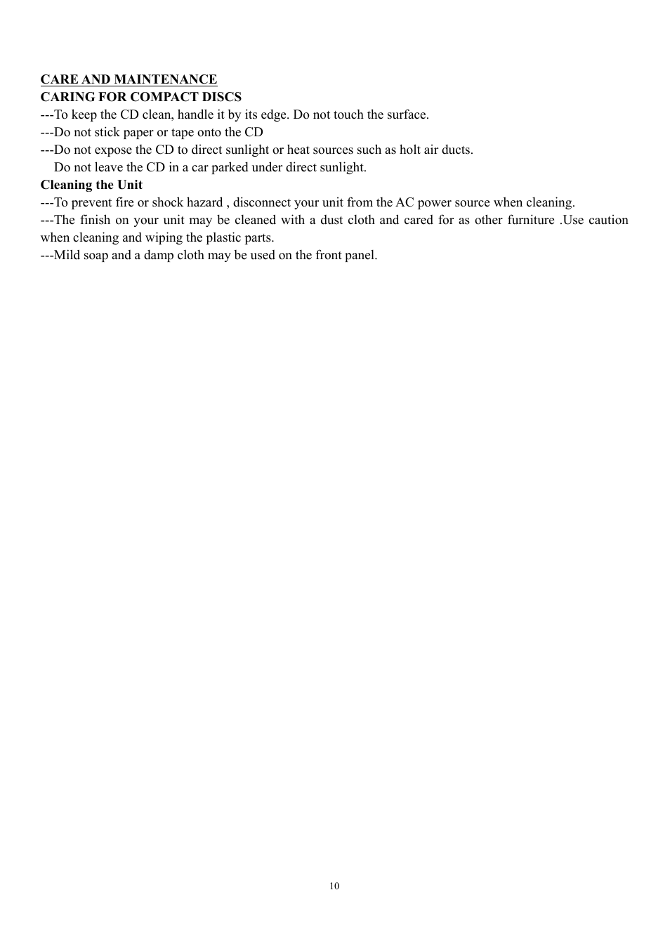 Care and maintenance, Caring for compact discs, Cleaning the unit | Curtis RCD544 User Manual | Page 10 / 10