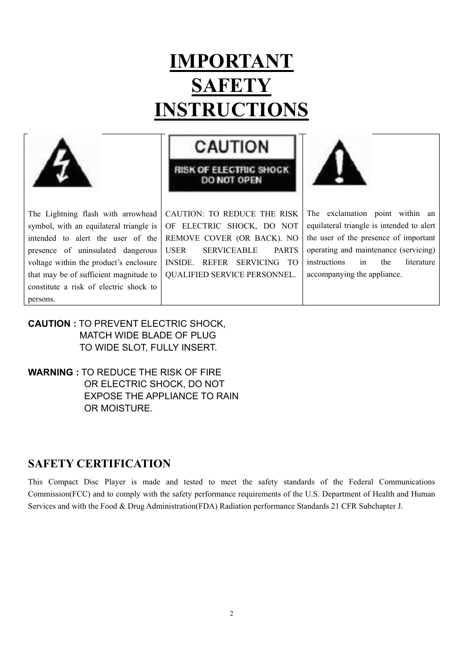 Safety certification, Important safety instructions | Curtis RCD544 User Manual | Page 2 / 10