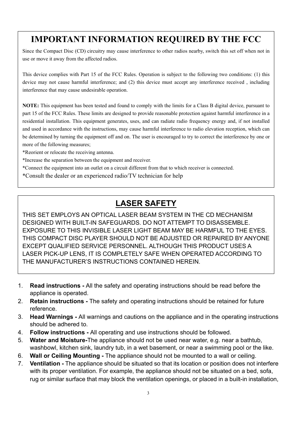 Important information required by the fcc, Laser safety | Curtis RCD544 User Manual | Page 3 / 10