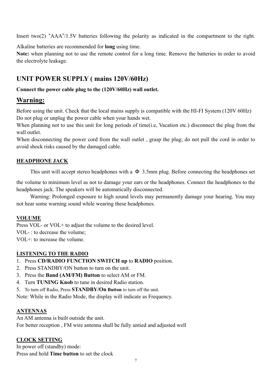 Volume, Listening to the radio, Antennas | Clock setting, Warning | Curtis RCD544 User Manual | Page 7 / 10