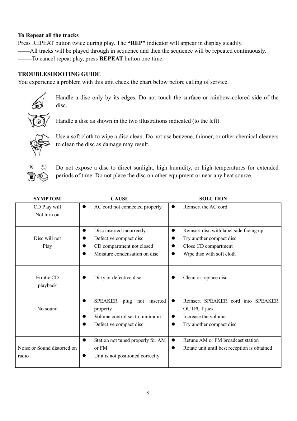 To repeat all the tracks, Troubleshooting guide, Symptom cause solution | Curtis RCD544 User Manual | Page 9 / 10