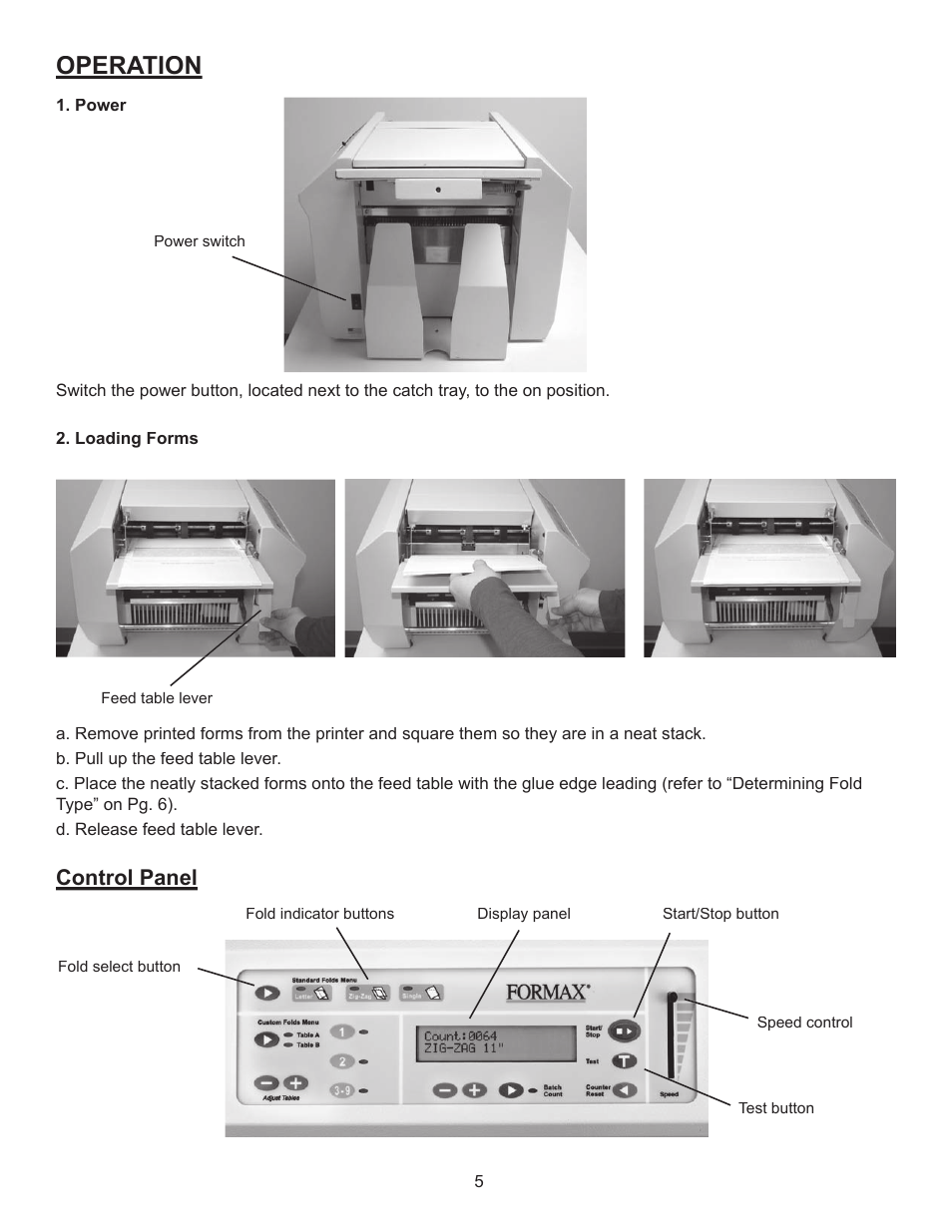 Operation, Control panel | Formax FD 2052 Quick Setup Guide & Test Sheet User Manual | Page 5 / 8