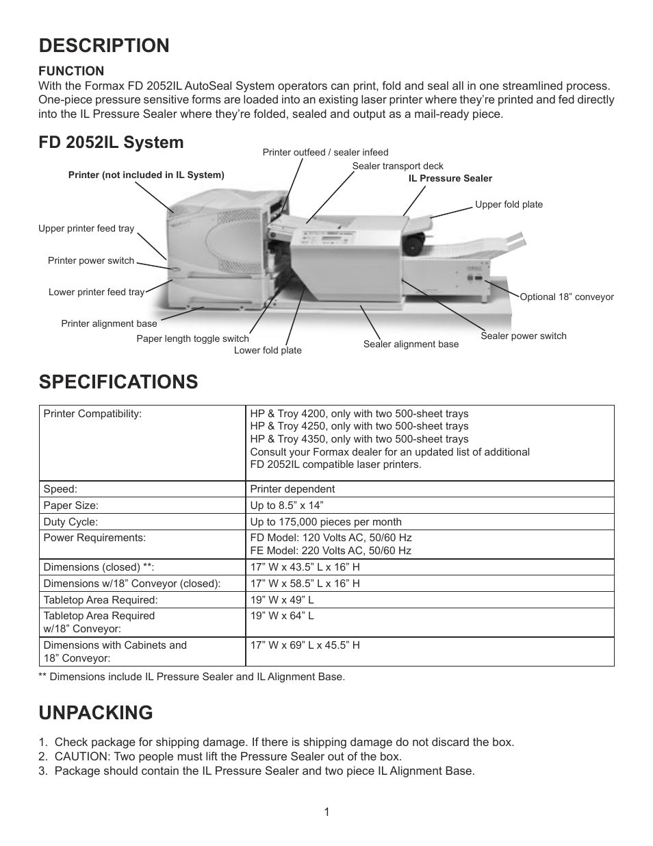 Description, Specifications, Unpacking | Fd 2052il system | Formax FD 2052IL System User Manual | Page 5 / 18