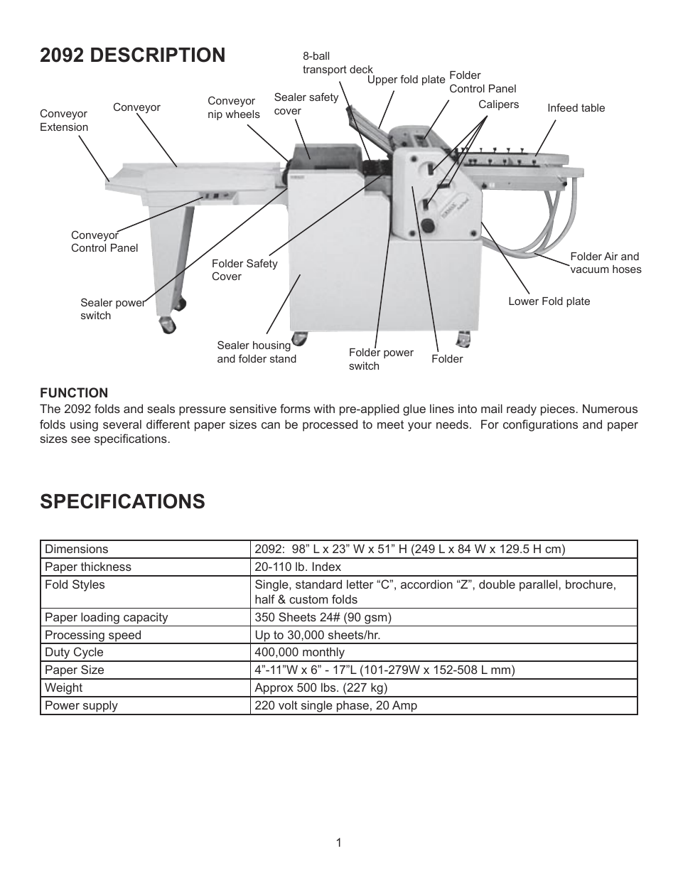 Specifications 2092 description | Formax FD 2092 User Manual | Page 3 / 25
