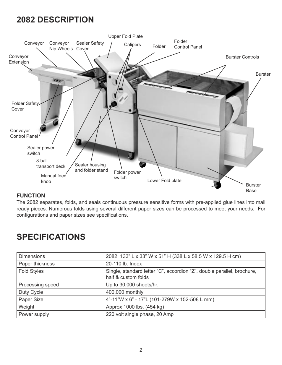 Specifications, 2082 description | Formax FD 2092 User Manual | Page 4 / 25