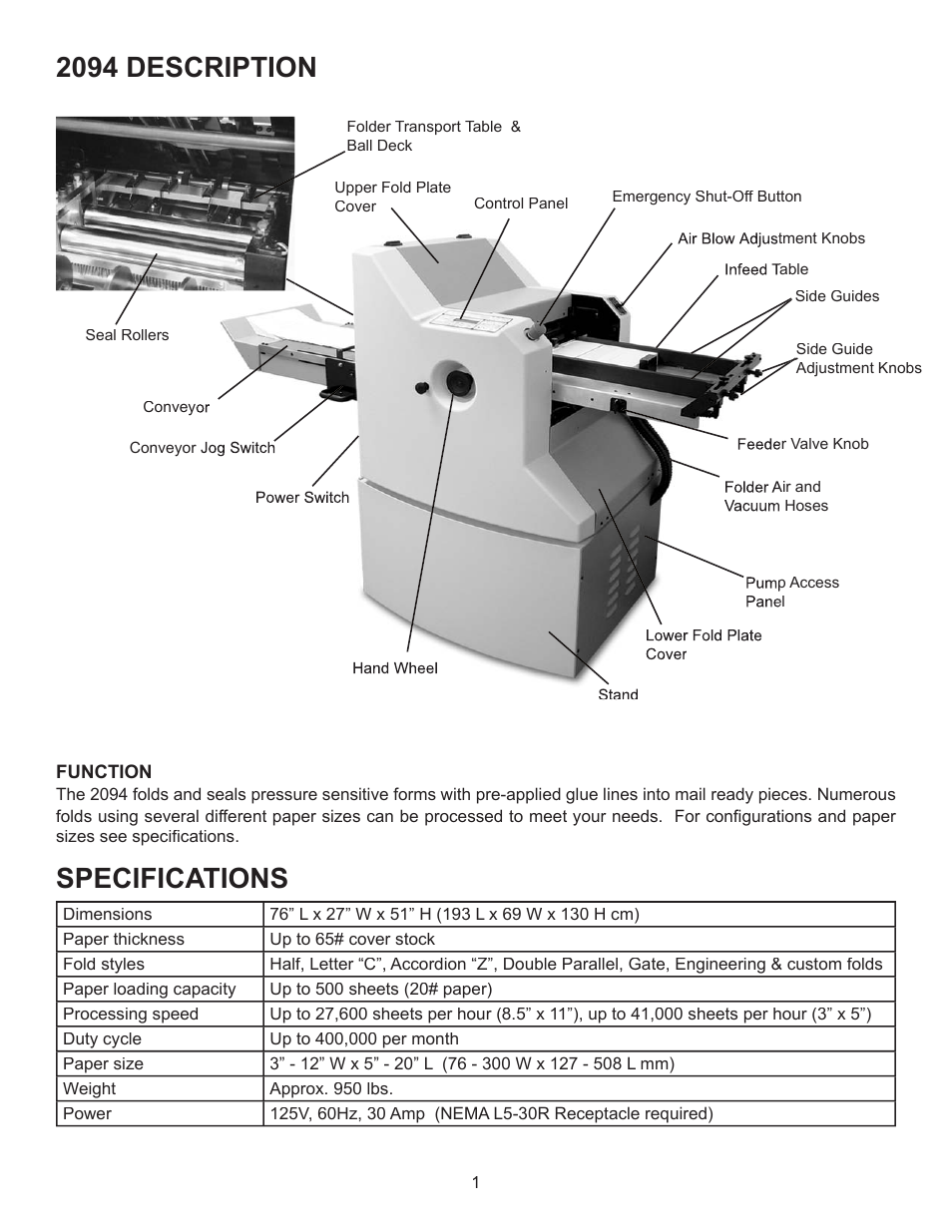 Specifications 2094 description | Formax FD 2094 User Manual | Page 5 / 39