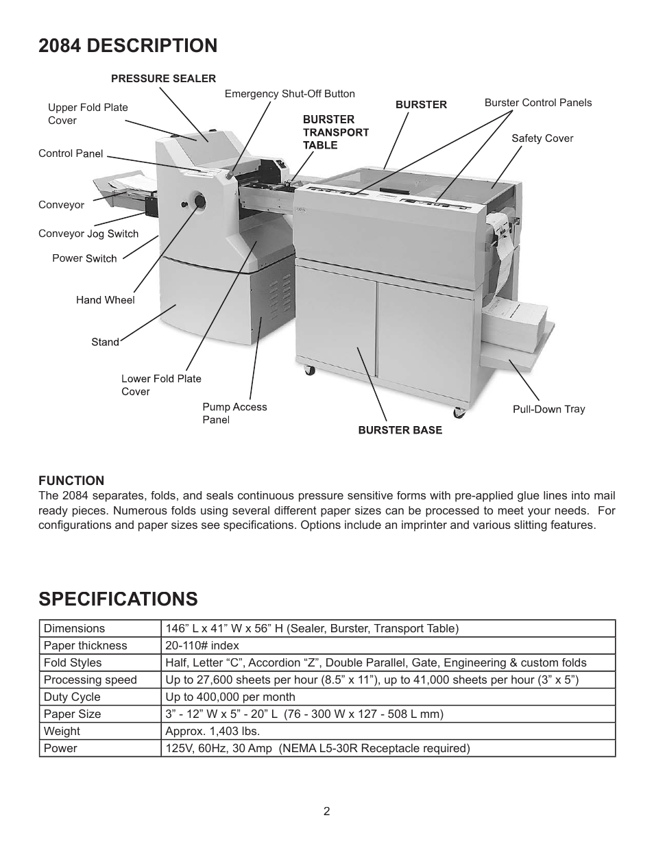 Specifications, 2084 description | Formax FD 2094 User Manual | Page 6 / 39