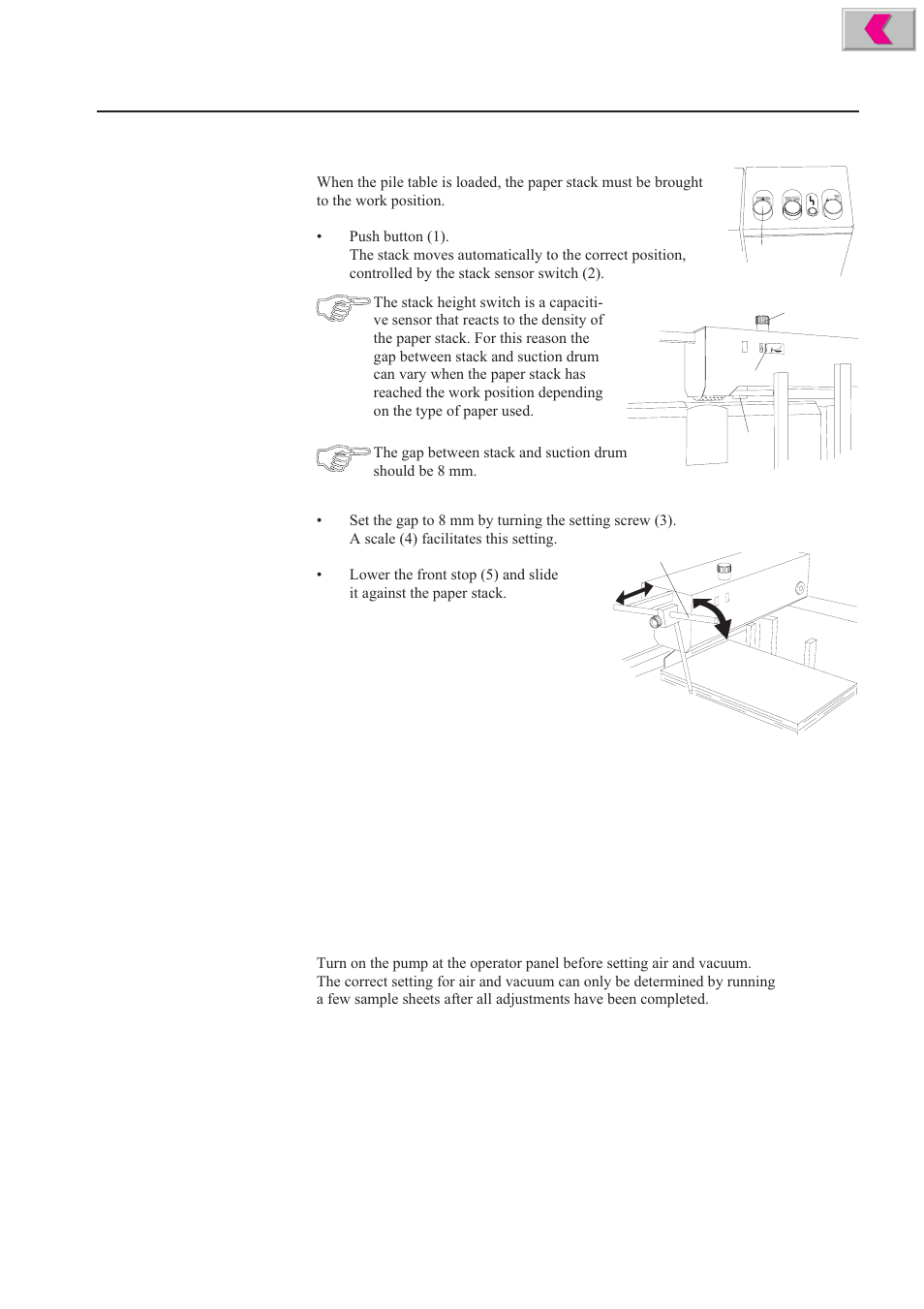 Moving the paper stack to work position, Air and vacuum | Formax 2200 Series User Manual | Page 21 / 103