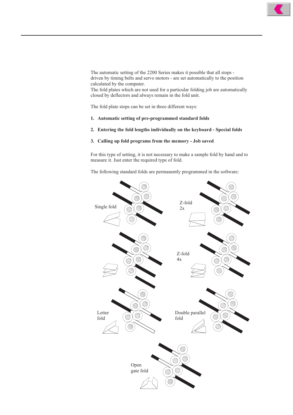 Setting the fold length - main menu set-up, Standard folds | Formax 2200 Series User Manual | Page 44 / 103