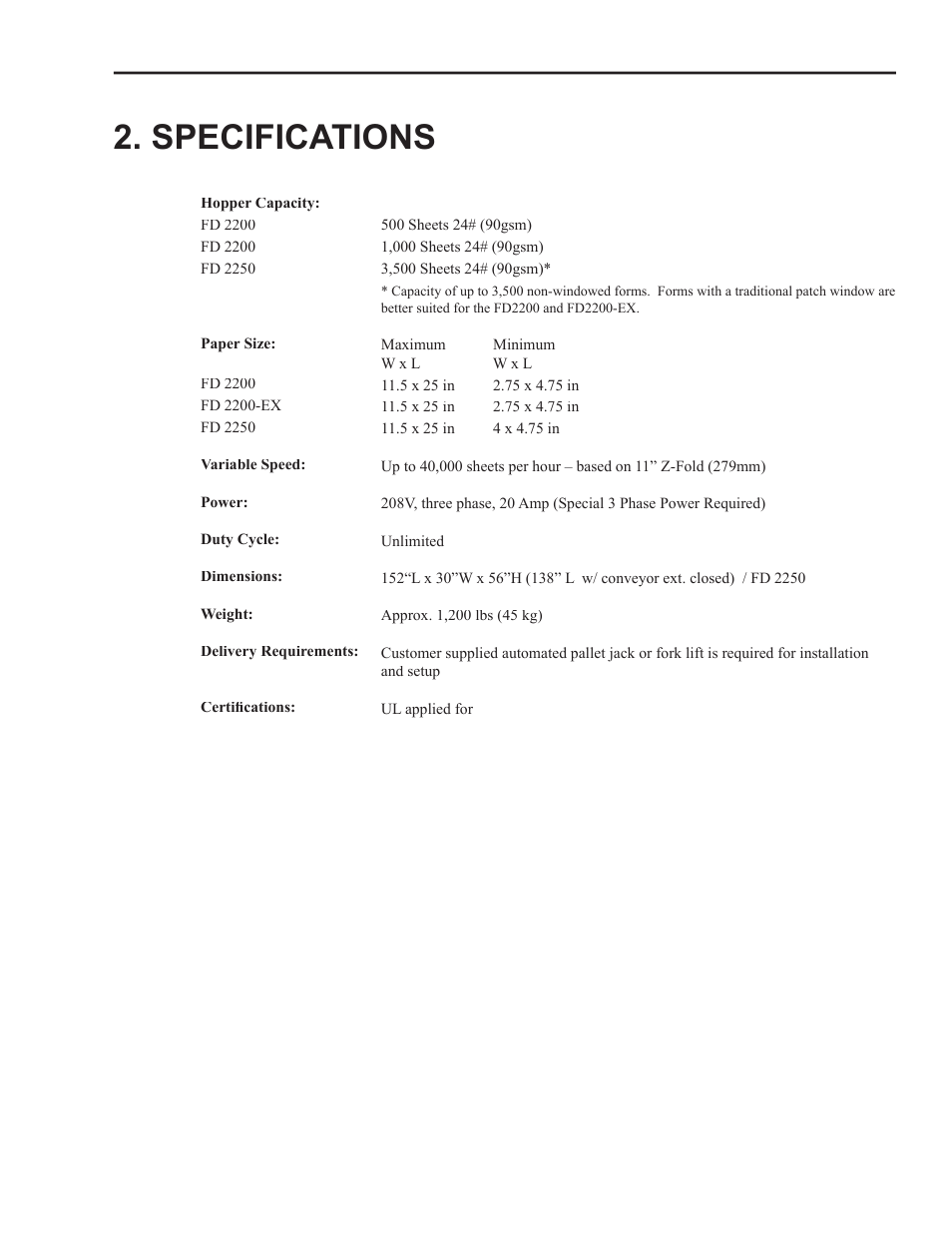 Specifications | Formax 2200 Series User Manual | Page 6 / 103