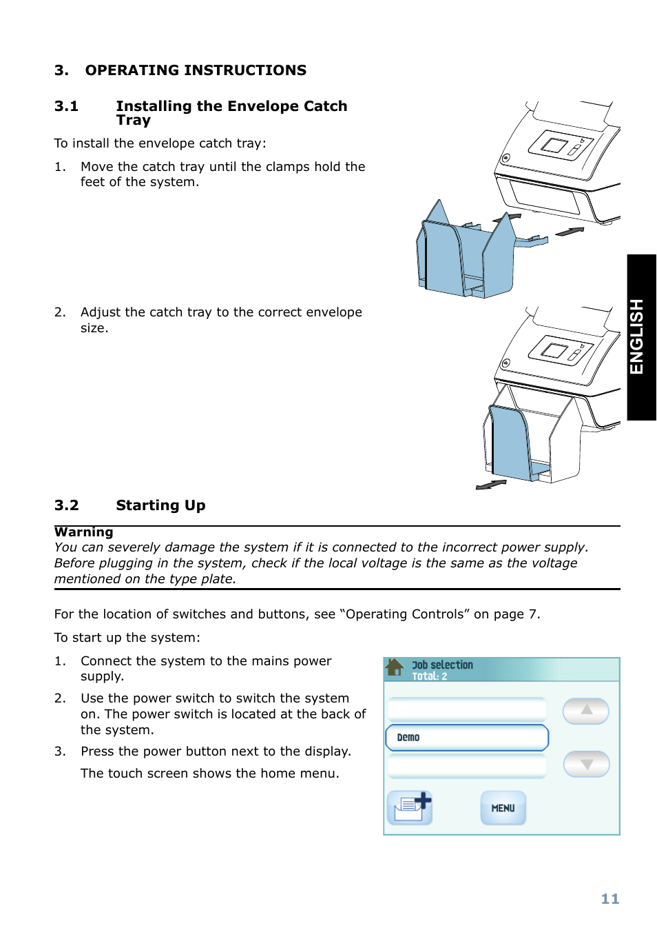 Operating instructions 3.1, Installing the envelope catch tray, Starting up | Englis h | Formax FD 6102 User Manual | Page 12 / 35