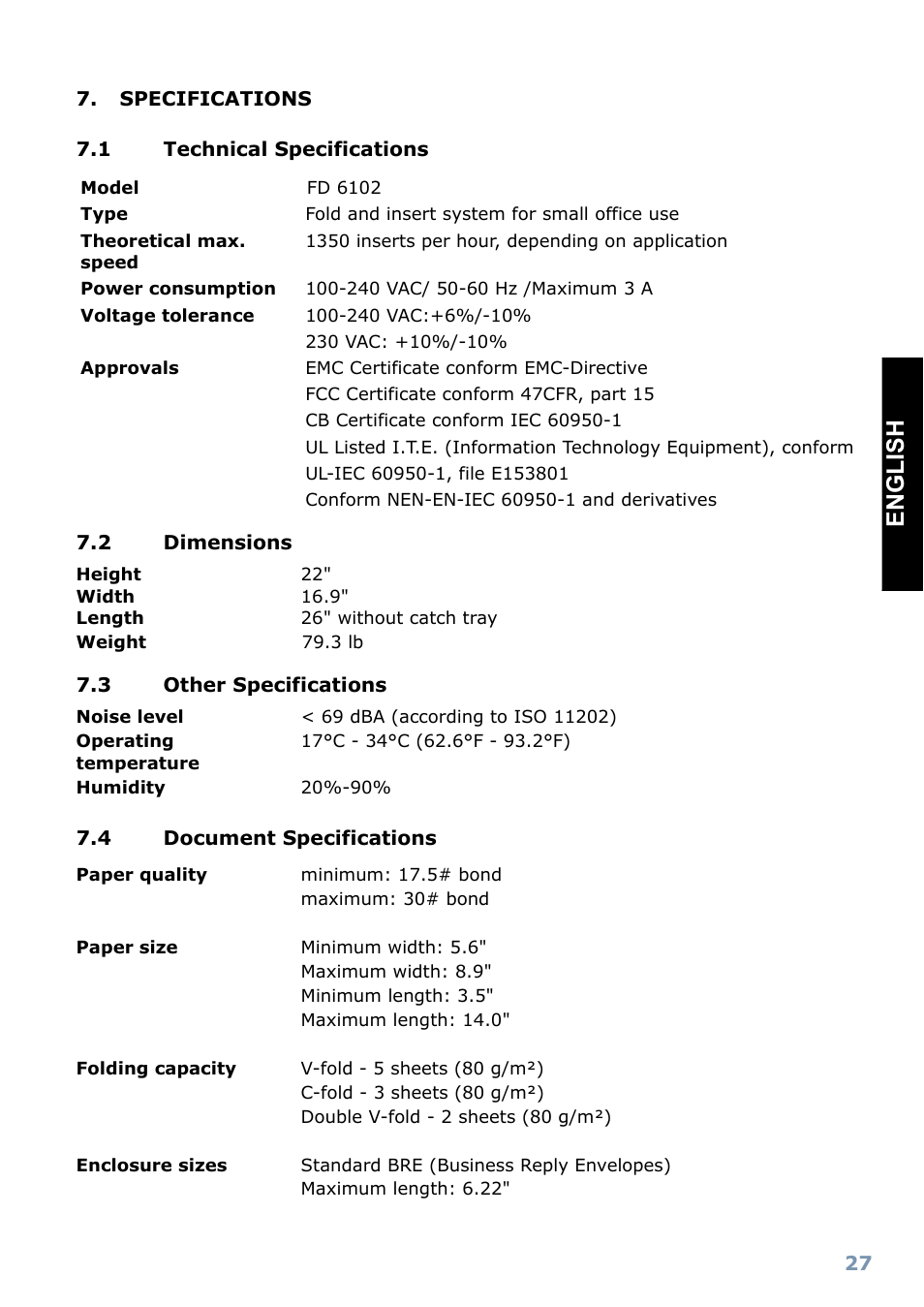 Specifications 7.1, Technical specifications, Dimensions | Other specifications, Document specifications, Englis h | Formax FD 6102 User Manual | Page 28 / 35