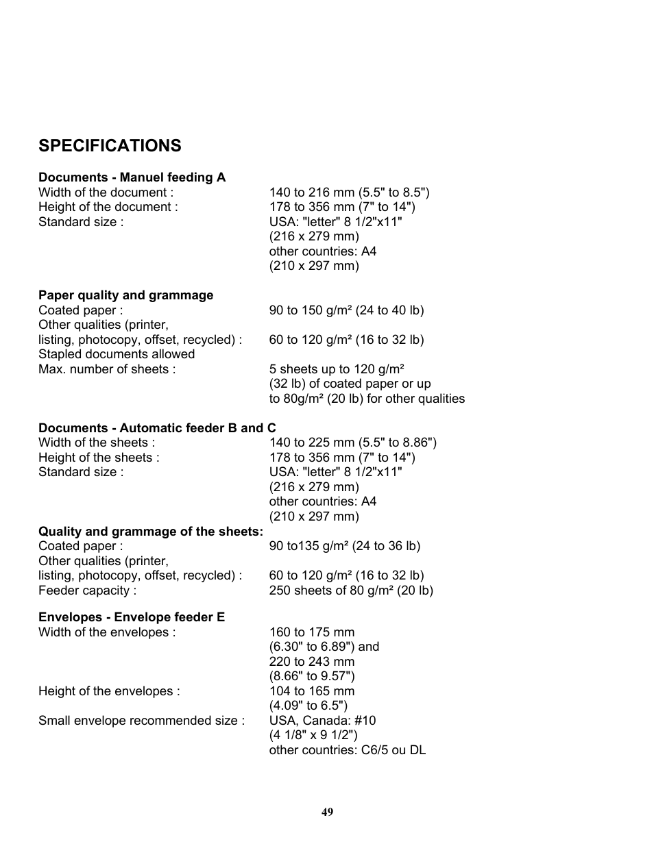 Specifications | Formax 6200 (600) Series User Manual | Page 55 / 59