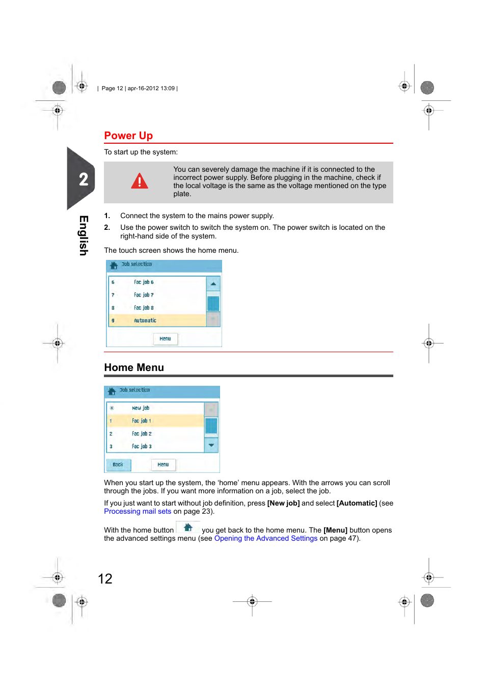 Power up, Home menu, English | Formax 6204 Series User Manual | Page 17 / 90